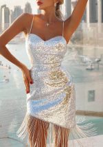 This Women's Silver Sling Fringe Sexy Party Long Dress Design Made Of High Quality Polyster And Spandex Material