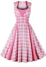 This Women's Slim Waist Patchwork Sleeveless Pink Plaid Vintage a-Line Swing Dress Design Made Of High Quality Polyster And Spandex Material. It Is Stretchy