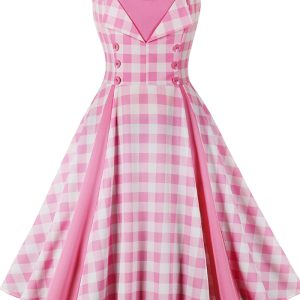 This Women's Slim Waist Patchwork Sleeveless Pink Plaid Vintage a-Line Swing Dress Design Made Of High Quality Polyster And Spandex Material. It Is Stretchy