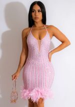 This Women's Solid Color Beaded Mesh Feather Lace-Up Dress Design Made Of High Quality Polyster And Spandex Material