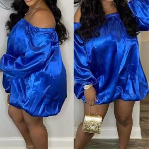 This Women's Solid Color Satin Sexy Off-Shoulder Loose Dress Design Made Of High Quality Polyster And Spandex Material. It Is Stretchy