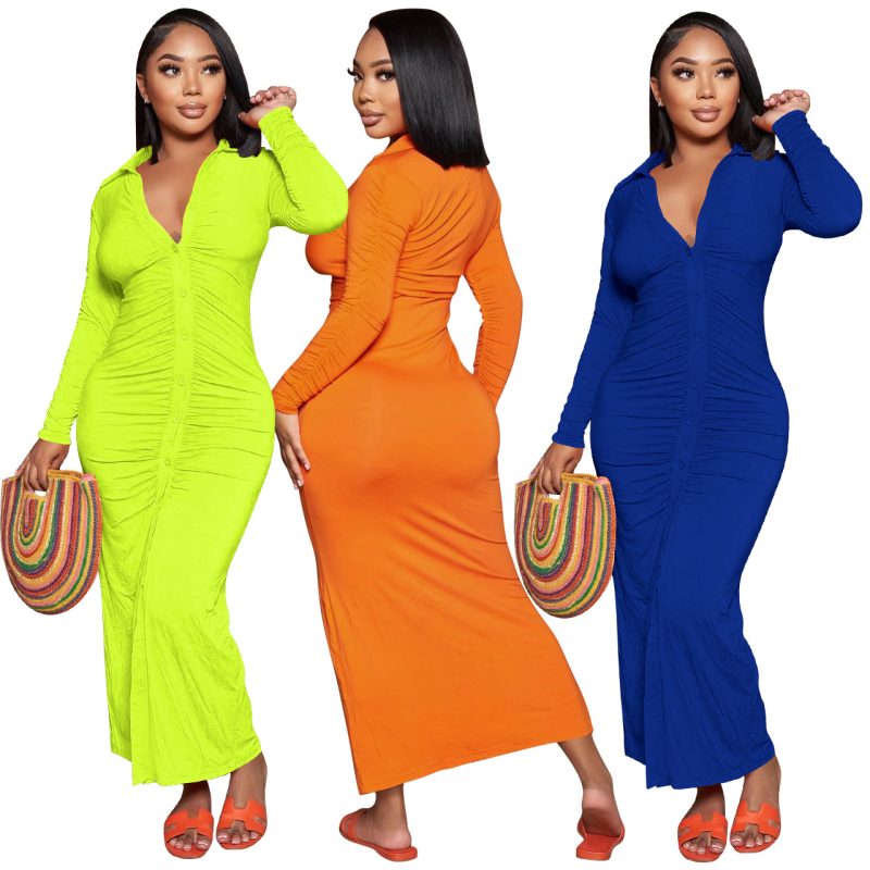 This Womens Solid Color Turndown Collar v-Neck Long Sleeve Maxi Dresses Design Made Of High Quality Polyster And Spandex Material