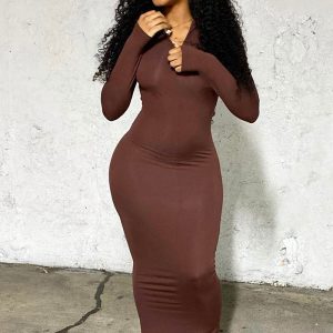 This Women's Solid Color Zipper Long Sleeve Slim Long Dress Design Made Of High Quality Polyster And Spandex Material. It Is Stretchy