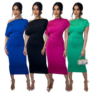 This Women's Solid Pleated Slash Shoulder Slim Dress Design Made Of High Quality Polyster And Spandex Material