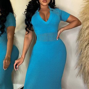 This Women's Solid v-Neck Short Sleeve Elastic Knitting Cutout Dress Design Made Of High Quality Polyster And Spandex Material. It Come With Good Stretch And Wearing Comfortable. Women¡¯s Midi Dresses Is Omnipotent And Suit For All Kinds Of Occasions - Daily Wear