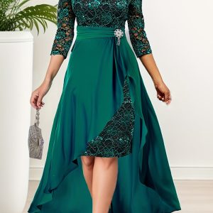 This Women's Spring And Summer Lace Chiffon Irregular Hem Bridesmaid Evening Dress Design Made Of High Level Material