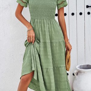 This Women's Spring And Summer Solid Color Short Sleeve Chic Casual Dress Design Made Of High Quality Polyster And Spandex Material. It Come With Good Stretch And Wearing Comfortable. Women¡¯s Midi Dresses Is Omnipotent And Suit For All Kinds Of Occasions - Daily Wear