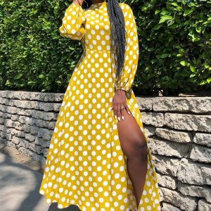 This Women's Spring And Winter Round Neck Polka Dot Long Sleeve High Slit Midi Dress Design Made Of High Quality Polyster And Spandex Material. It Come With Good Stretch And Wearing Comfortable. Women¡¯s Midi Dresses Is Omnipotent And Suit For All Kinds Of Occasions - Daily Wear