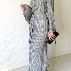 This Women's Spring Autumn Fashionable Long Dress Casual Solid Color Round Neck Bell Bottom Sleeve Pleated Dress Design Made Of High Quality Polyster And Spandex Material