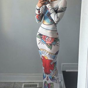 This Women's Spring Casual Mesh Printed Round Neck Long Sleeve See-Through Slim Long Dress Design Made Of High Quality Polyster And Spandex Material