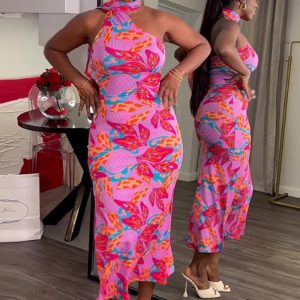 This Women's Spring Chic Halter Neck Sleeveless Printed Slim Maxi Dress Design Made Of High Quality Polyster And Spandex Material. It Come With Good Stretch And Wearing Comfortable. Women¡¯s Midi Dresses Is Omnipotent And Suit For All Kinds Of Occasions - Daily Wear