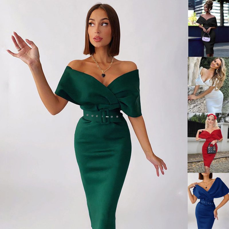 This Women's Spring Chic Off Shoulder High Waist Belted Dress Design Made Of Good Quality Polyster And Spandex Material