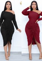 This Women's Spring Fashion Sexy Slash Shoulder Drawstring Slit Dress Design Made Of High Quality Polyster And Spandex Material. It Is Stretchy