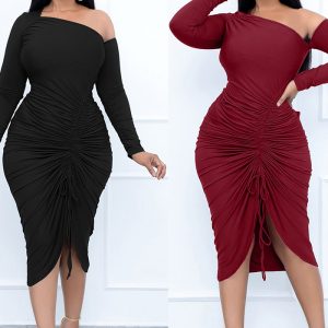 This Women's Spring Fashion Sexy Slash Shoulder Drawstring Slit Dress Design Made Of High Quality Polyster And Spandex Material. It Is Stretchy