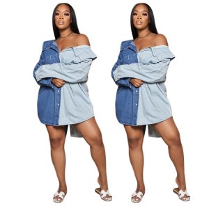 This Women's Spring Long Sleeve Single Breasted Jacket Colorblock Denim Shirt Dress Design Made Of High Quality Polyster And Spandex Material. It Is Stretchy