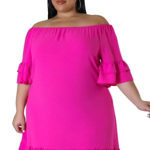 This Women's Spring Plus Size Loose Off Shoulder Ruffled Solid Casual Dress Made Of Soft And Elastic Fabric. Global Lover Wholesale Plus Size Dresses And Hope Curvy Ladies Find Here a Warm And Exciting Place To Shop Affordable Curvy Dresses Online - Plus Size Casual