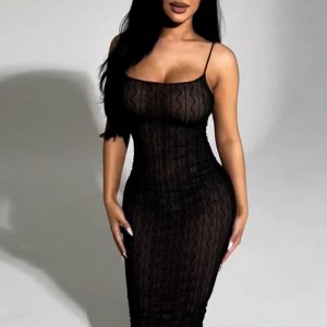 This Women's Spring Solid Color Sexy Mesh Low Back Camisole Slim Long Dress Design Made Of High Quality Polyster And Spandex Material