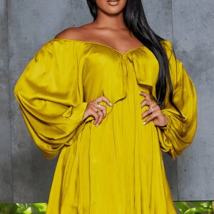 This Women's Spring Summer Chic Off Shoulder Sexy Solid Color Color Bat Sleeves Dress Design Made Of High Quality Polyster And Spandex Material. It Is Stretchy