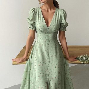 This Women's Spring Summer Elegant Breasted Mid-Length v-Neck Balloon Sleeve Printed Dress Design Made Of High Quality Polyster And Spandex Material