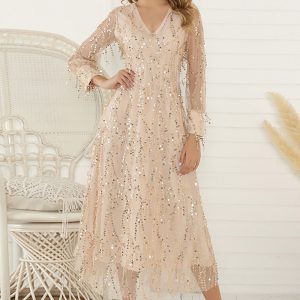 This Women's Spring Summer Long Sleeve Sequin Tassel Ladies Long Dress Design Made Of High Quality Polyster And Spandex Material