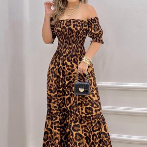 This Women's Spring Summer Off Shoulder Print Pleated Swing Dress Short Sleeve Maxi Dress Design Made Of High Quality Polyster And Spandex Material