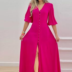 This Women's Spring Summer Style Single Breasted Chic Slim Bearded v-Neck a-Line Shirt Dress Design Made Of High Quality Polyster And Spandex Material