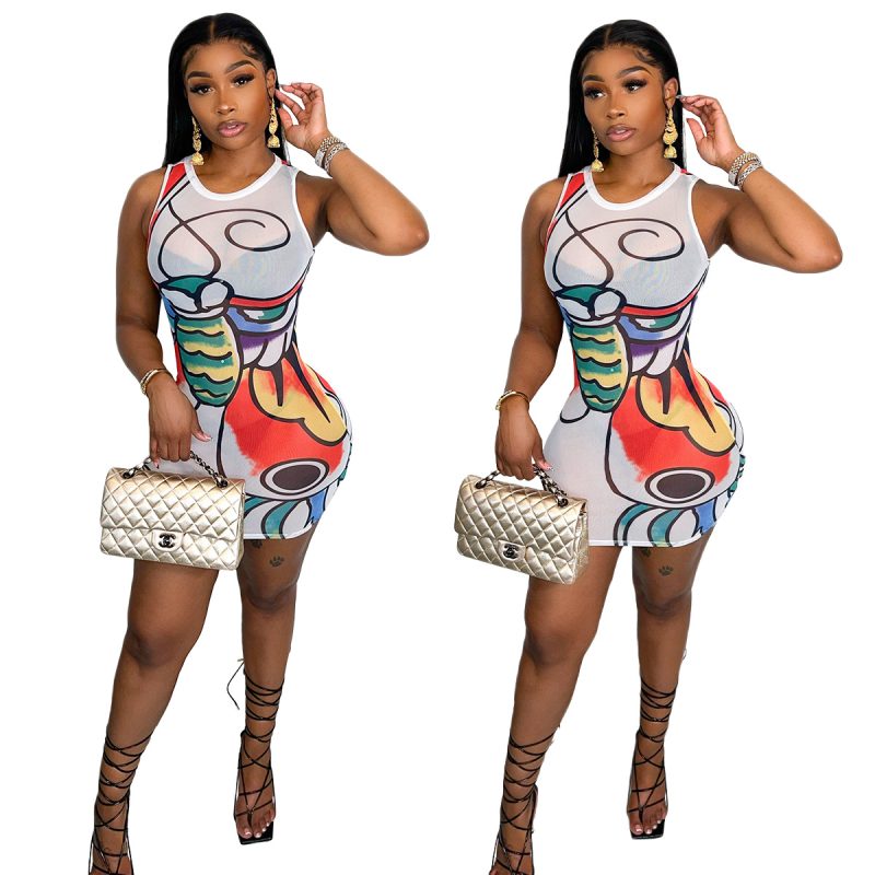 This Women's Spring/Summer Mesh Graphic Print Sleeveless Bodycon Dress Design Made Of High Quality Polyster And Spandex Material. Print Dresses Is More Interesting And Stylish. Print Maxi Dresses Is One Of The Popular Item For Islander Vocations. Women¡¯s Print Dresses At Global Lover Comes With Forever Floral