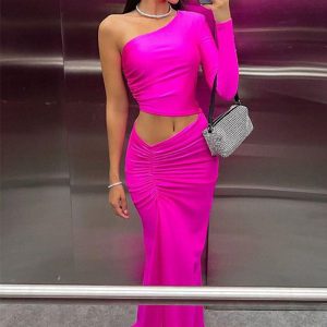 This Women's Strapless One Shoulder Long Sleeve Hollow High Waist Slit Solid Color Sexy Bodycon Dress Design Made Of Good Quality Polyster And Spandex Material