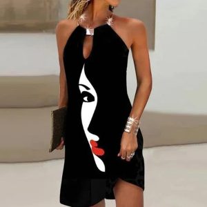 Questa donna estate nero Halter collo posizionamento stampa Dress Design fatto di alta qualità Polyster e materiale Spandex. È elastico