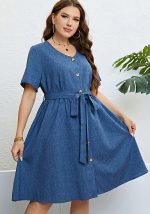 This Women's Summer Blue Button Belted Slim Waist Short Sleeve Plus Size Casual Dress Made Of Soft And Elastic Fabric. Global Lover Wholesale Plus Size Dresses And Hope Curvy Ladies Find Here a Warm And Exciting Place To Shop Affordable Curvy Dresses Online - Plus Size Casual