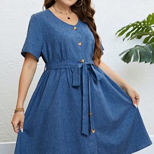 This Women's Summer Blue Button Belted Slim Waist Short Sleeve Plus Size Casual Dress Made Of Soft And Elastic Fabric. Global Lover Wholesale Plus Size Dresses And Hope Curvy Ladies Find Here a Warm And Exciting Place To Shop Affordable Curvy Dresses Online - Plus Size Casual