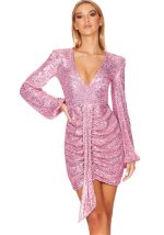 This Women's Summer Deep v Pleats Bodycon Dress Chic Streamer Sequined Long-Sleeved Party Dress Design Made Of High Quality Polyster And Spandex Material. It Come With Good Stretch And Wearing Comfortable And Feeling Freedom. The Tight And Fitted Dress Is The Most Popular Options From Party Girls. Shop Bodycon Dresses At Global Lover And Find Amazing Designs Sequins