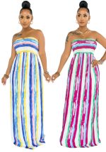 This Women's Summer Fashion Holidays Striped Pleated Suspender Maxi Dress Design Made Of High Quality Polyster And Spandex Material