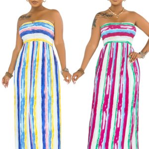 This Women's Summer Fashion Holidays Striped Pleated Suspender Maxi Dress Design Made Of High Quality Polyster And Spandex Material