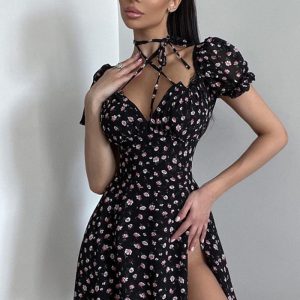 This Women's Summer Floral Puff Sleeve Sexy Low Back Dress For Women Design Made Of High Quality Polyster And Spandex Material. It Is Stretchy