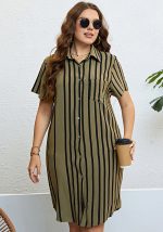 This Women's Summer Green Striped Loose Casual Shirt Dress Made Of Soft And Elastic Fabric. Global Lover Wholesale Plus Size Dresses And Hope Curvy Ladies Find Here a Warm And Exciting Place To Shop Affordable Curvy Dresses Online - Plus Size Casual