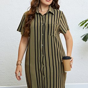 This Women's Summer Green Striped Loose Casual Shirt Dress Made Of Soft And Elastic Fabric. Global Lover Wholesale Plus Size Dresses And Hope Curvy Ladies Find Here a Warm And Exciting Place To Shop Affordable Curvy Dresses Online - Plus Size Casual