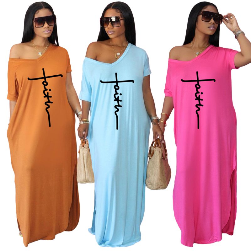 This Women's Summer Letter Print v-Neck Loose Maxi Dress Design Made Of High Quality Polyster And Spandex Material. It Is Stretchy