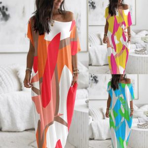 This Women's Summer Multi-Color Print Off Shoulder Dress Design Made Of High Quality Polyster And Spandex Material