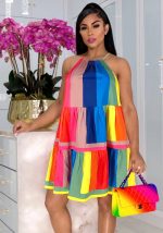 This Women's Summer Rainbow Stripe Strap Dress Design Made Of High Quality Polyster And Spandex Material. It Is Stretchy