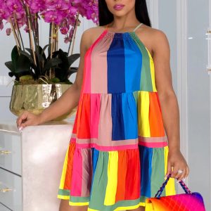 This Women's Summer Rainbow Stripe Strap Dress Design Made Of High Quality Polyster And Spandex Material. It Is Stretchy