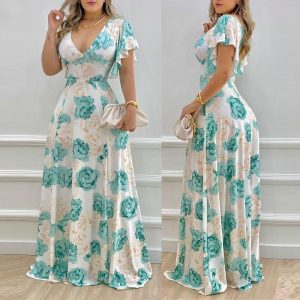 This Women's Summer Sexy Career v-Neck Slim Waist Print Swing Dress Design Made Of High Quality Polyster And Spandex Material