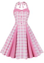 This Women's Summer Slim Waist Sweet Halter Neck Straps Pink Plaid Dress Design Made Of High Quality Polyster And Spandex Material. It Is Stretchy