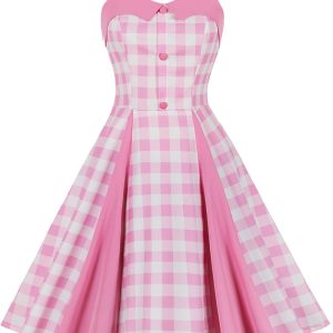 This Women's Summer Slim Waist Sweet Halter Neck Straps Pink Plaid Dress Design Made Of High Quality Polyster And Spandex Material. It Is Stretchy