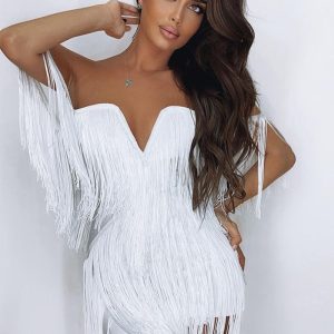 This Women's Summer v-Neck Open Back Off Shoulder Tassel Mini Bodycon Dress Design Made Of Good Quality Polyster And Spandex Material