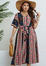 This Women's Summer v-Neck Print Lace-Up Slim Waist Dress Made Of Soft And Elastic Fabric. Global Lover Wholesale Plus Size Dresses And Hope Curvy Ladies Find Here a Warm And Exciting Place To Shop Affordable Curvy Dresses Online - Plus Size Casual