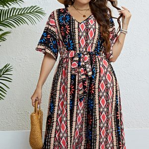 This Women's Summer v-Neck Print Lace-Up Slim Waist Dress Made Of Soft And Elastic Fabric. Global Lover Wholesale Plus Size Dresses And Hope Curvy Ladies Find Here a Warm And Exciting Place To Shop Affordable Curvy Dresses Online - Plus Size Casual