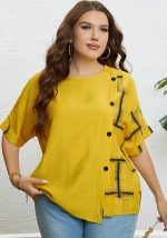 This Women's Summer Yellow Round Neck Button Up Loose Top Made Of Comfortable And Elastic Fabric. It Is Wholesale Sexy Plus Size Tops For Women. With The Gradual Rise Of Feminist Awareness