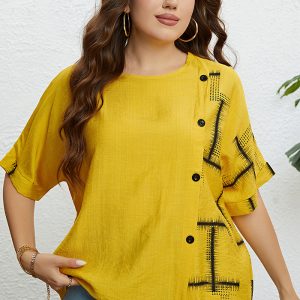 This Women's Summer Yellow Round Neck Button Up Loose Top Made Of Comfortable And Elastic Fabric. It Is Wholesale Sexy Plus Size Tops For Women. With The Gradual Rise Of Feminist Awareness