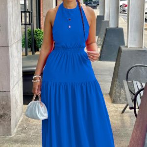 This Women's Suspenders Solid Color Sleeveless Sexy Leak Back Large Long Dress Design Made Of High Quality Polyster And Spandex Material